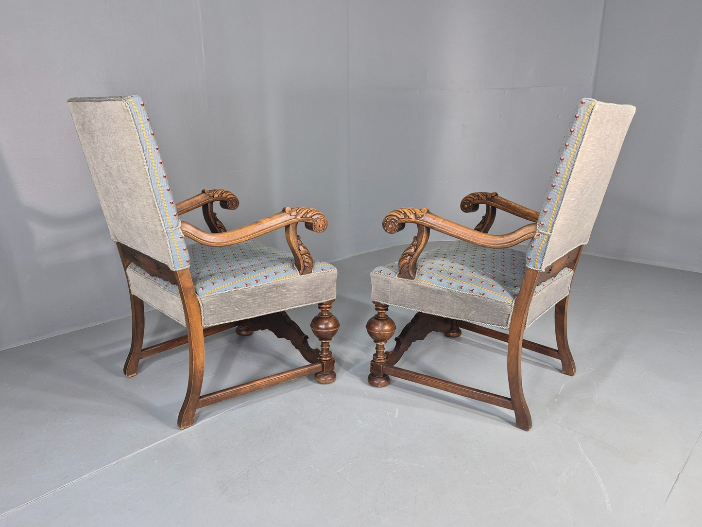 2 Vintage Danish Baroque Revival Lounge Chairs Oak Frame Tapestry Floral EB12643