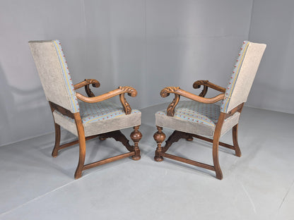 2 Vintage Danish Baroque Revival Lounge Chairs Oak Frame Tapestry Floral EB12643