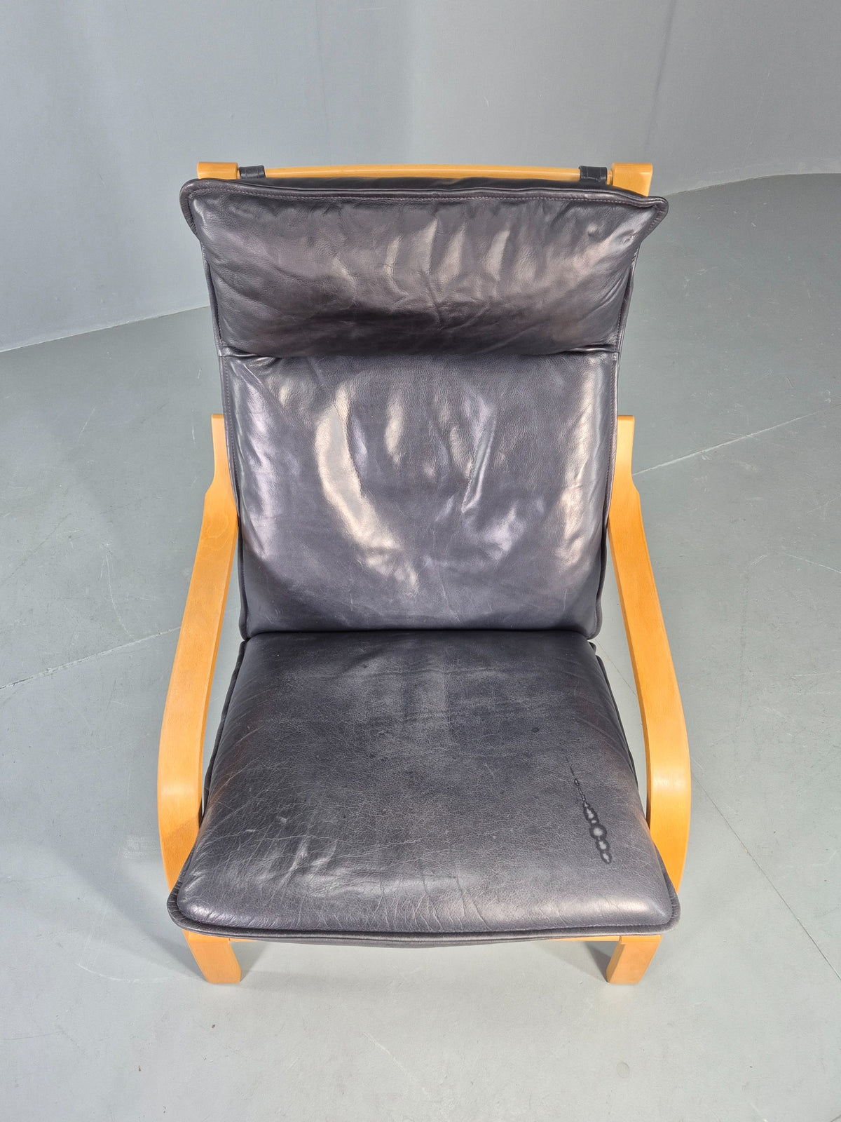 Vintage Danish Lounge Chair Bent Wood Frame Black Leather Cushion 1980s EB13077