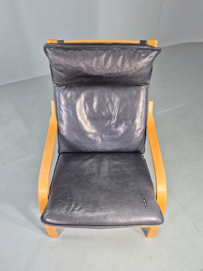 Vintage Danish Lounge Chair Bent Wood Frame Black Leather Cushion 1980s EB13077