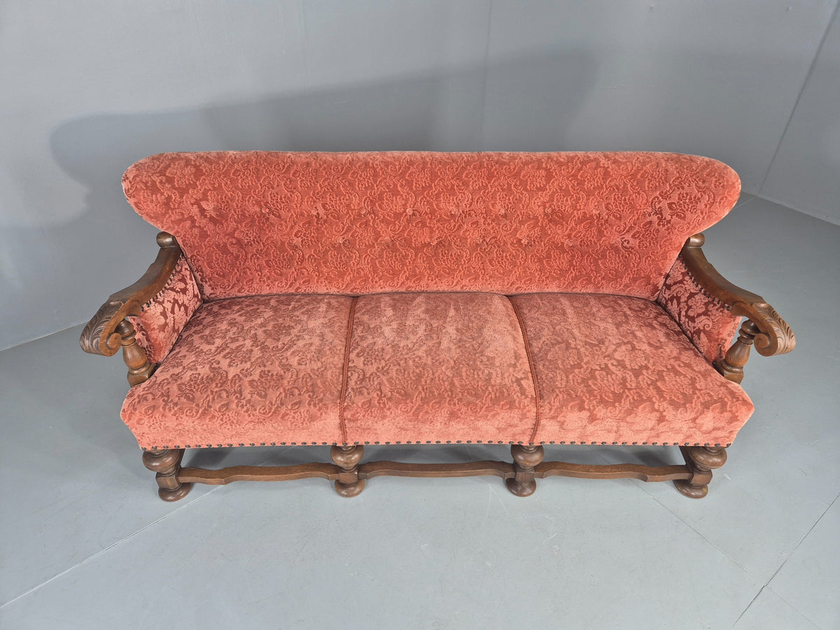 Vintage 3 Seater Sofa Danish Baroque Revival Pink Floral Moquette 1950s EB12698