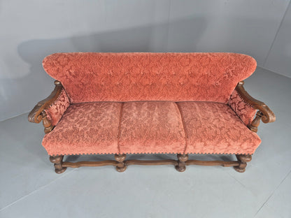 Vintage 3 Seater Sofa Danish Baroque Revival Pink Floral Moquette 1950s EB12698