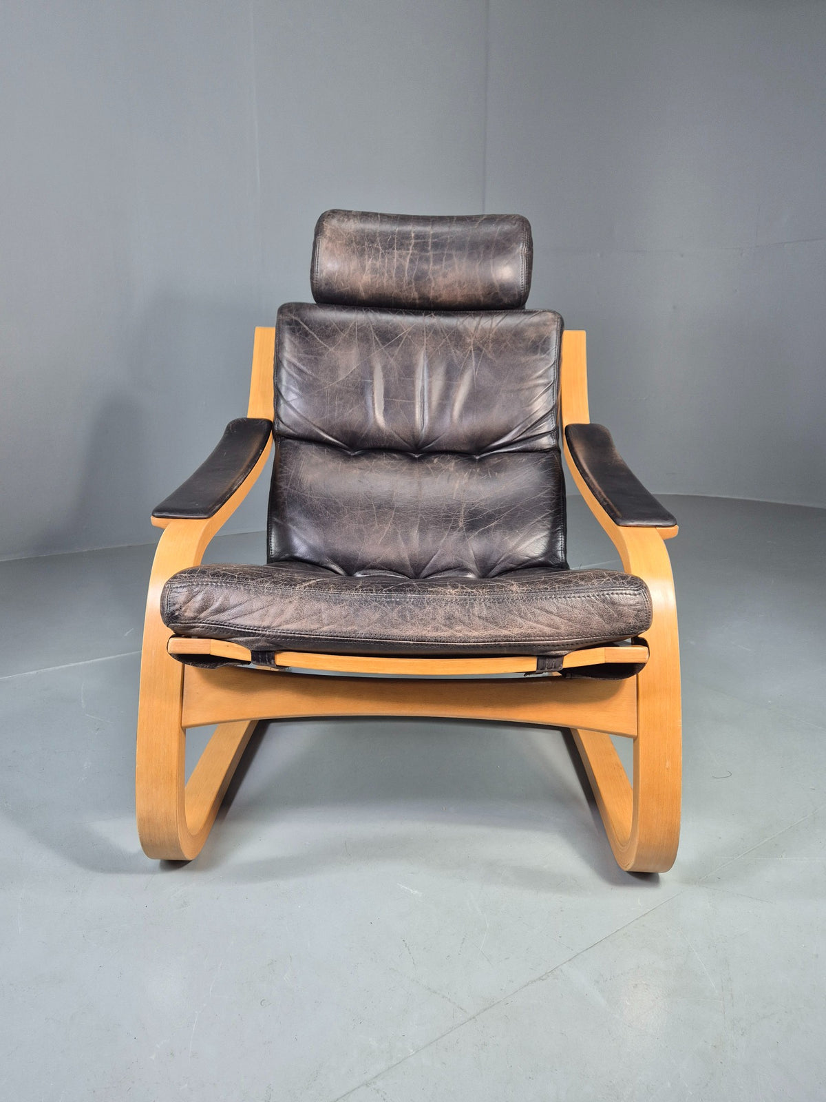 Vintage 1970s Danish Lounge Chair Black Leather and Bentwood MCM Retro EB13082