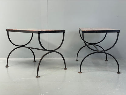 Vintage Wrought Iron Marble Side Tables Italian Breccia Pernice 1950s EB12301