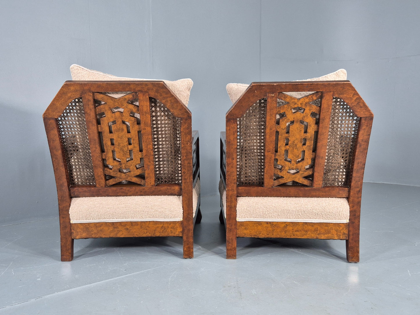 Vintage Art Deco Pair Armchairs Dappled Walnut White Boucle Bergere EB12556