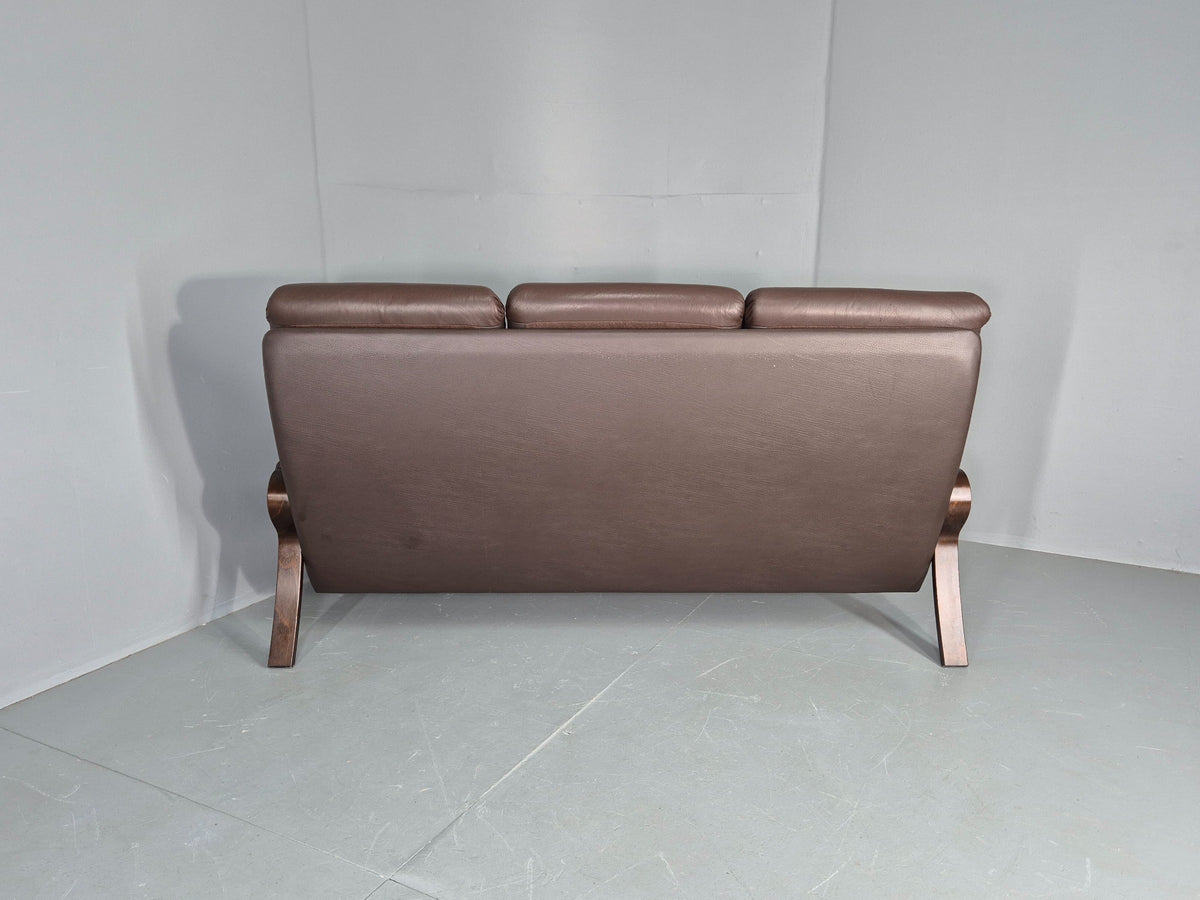 Vintage Danish 3 Seat Sofa Brown Leather Bentwood Frame 1980s Retro MCM EB13062