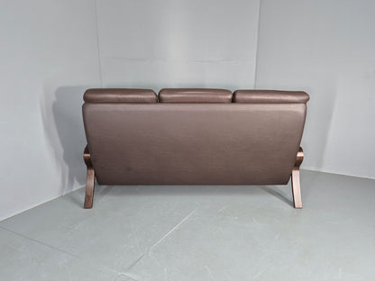 Vintage Danish 3 Seat Sofa Brown Leather Bentwood Frame 1980s Retro MCM EB13062