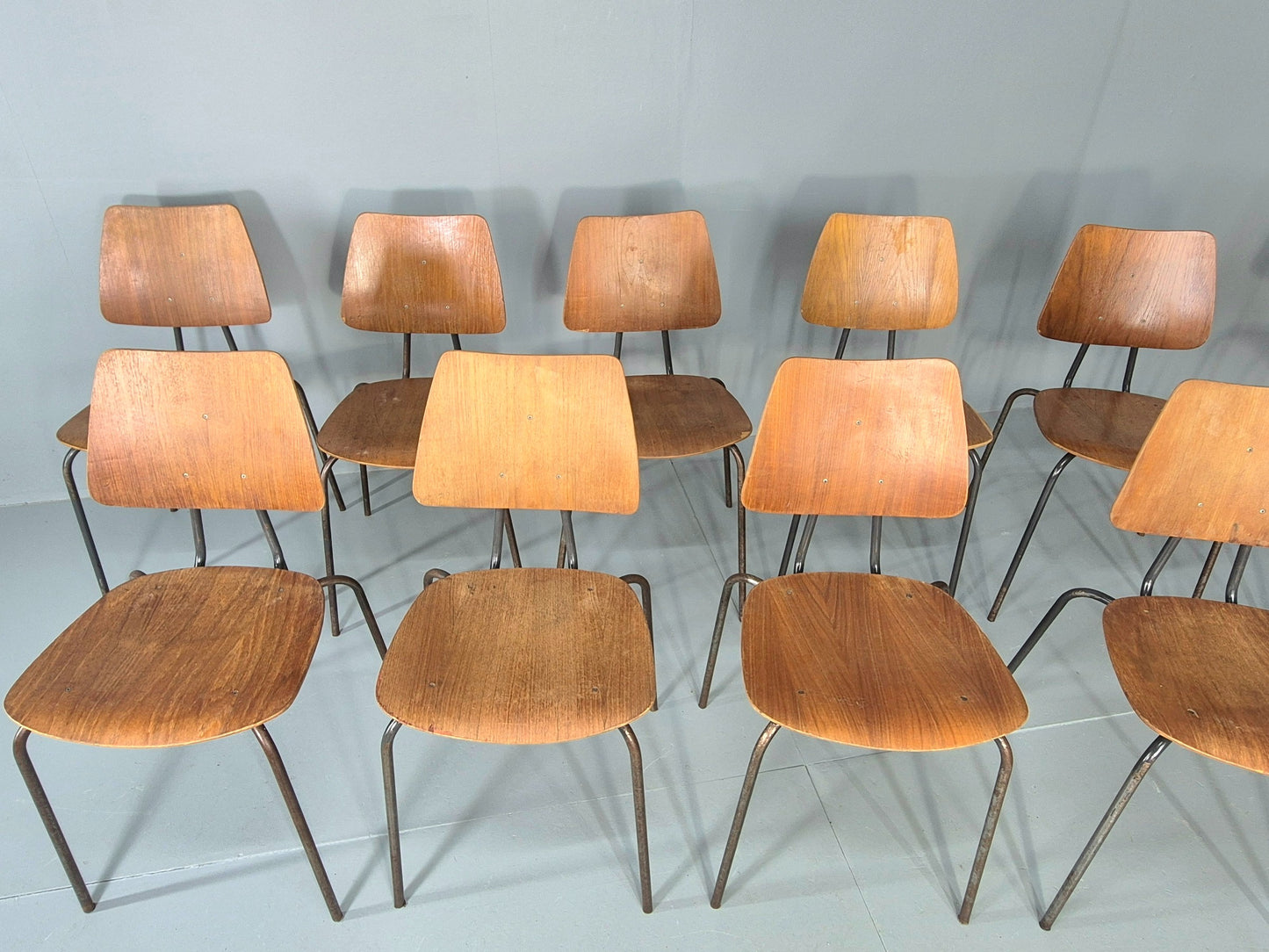 12 Vintage Danish Stacking Industrial Chairs Teak and Steel 1960s Retro EB12402