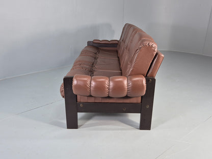 Vintage 3 Seater Sofa Danish Brown Leather 1970s Retro Mid Century EB12449