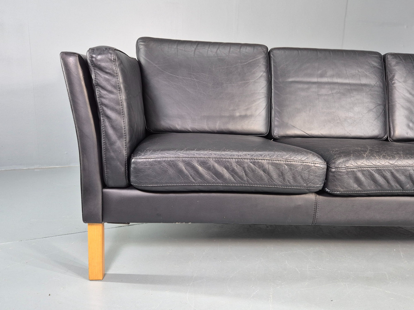 Vintage Danish 3 seater Sofa Black Leather 1980s Retro MCM EB12453