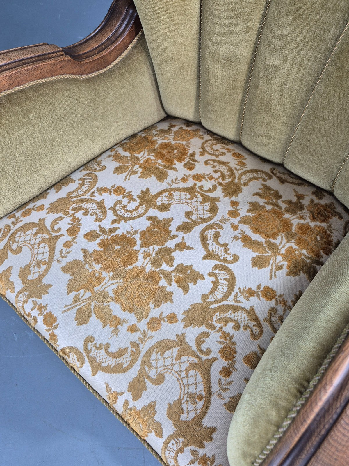 Vintage Danish Art Deco Lounge Chair Carved Oak Frame 1940s Green Floral EB12839