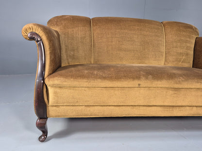 Antique 1920s Danish Sofa Mustard Velour Cabriole Legs EB09017