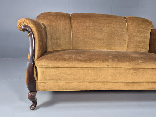 Antique 1920s Danish Sofa Mustard Velour Cabriole Legs EB09017