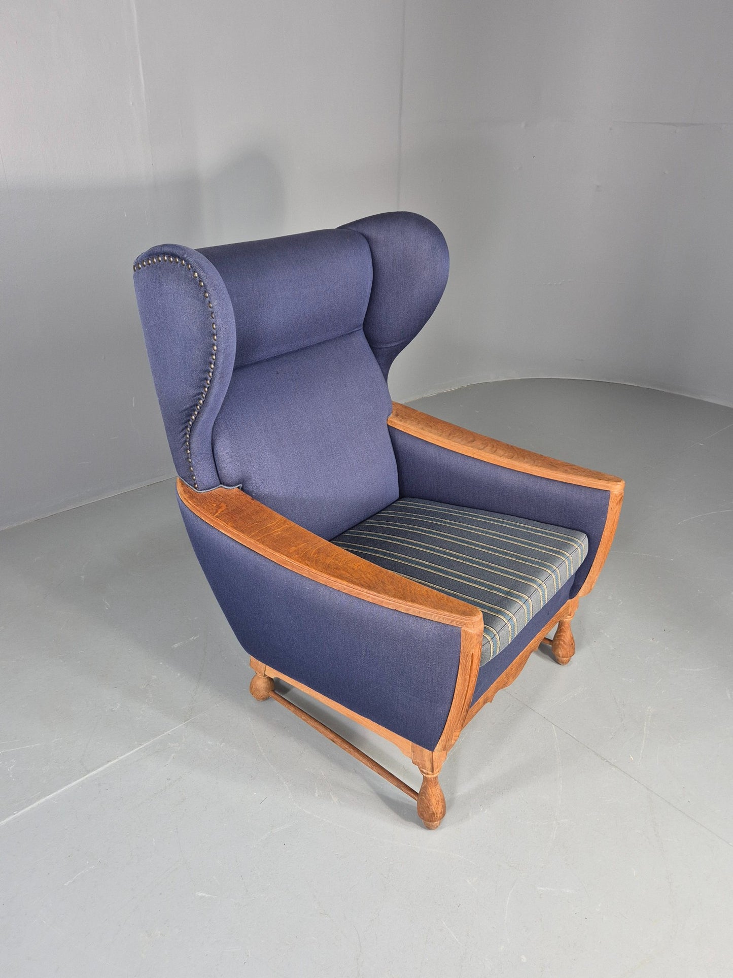 Vintage Danish Lounge Wing Chair Oak Frame Blue Wool 1970s  Retro MCM EB12771