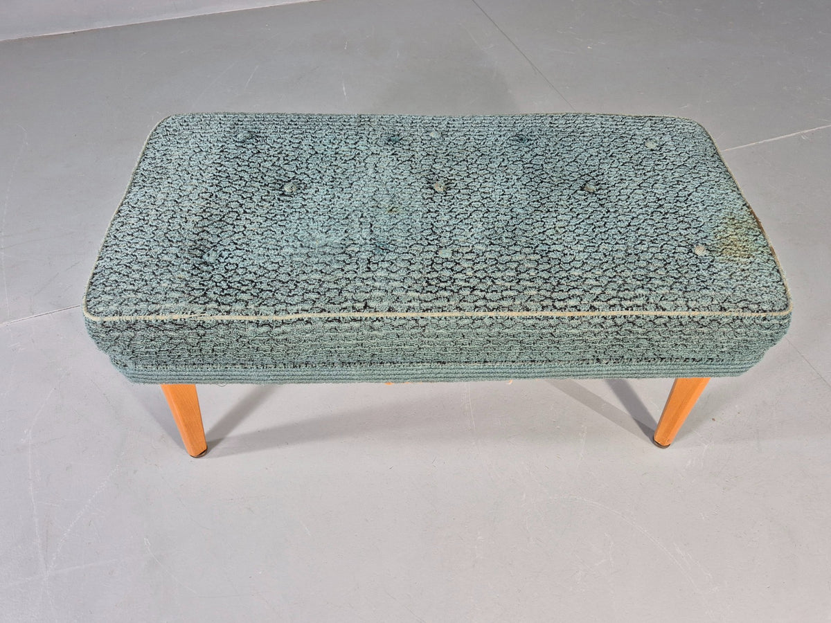 Vintage 1950s Footstool Turquoise Blue Boucle Beech Legs EB12797