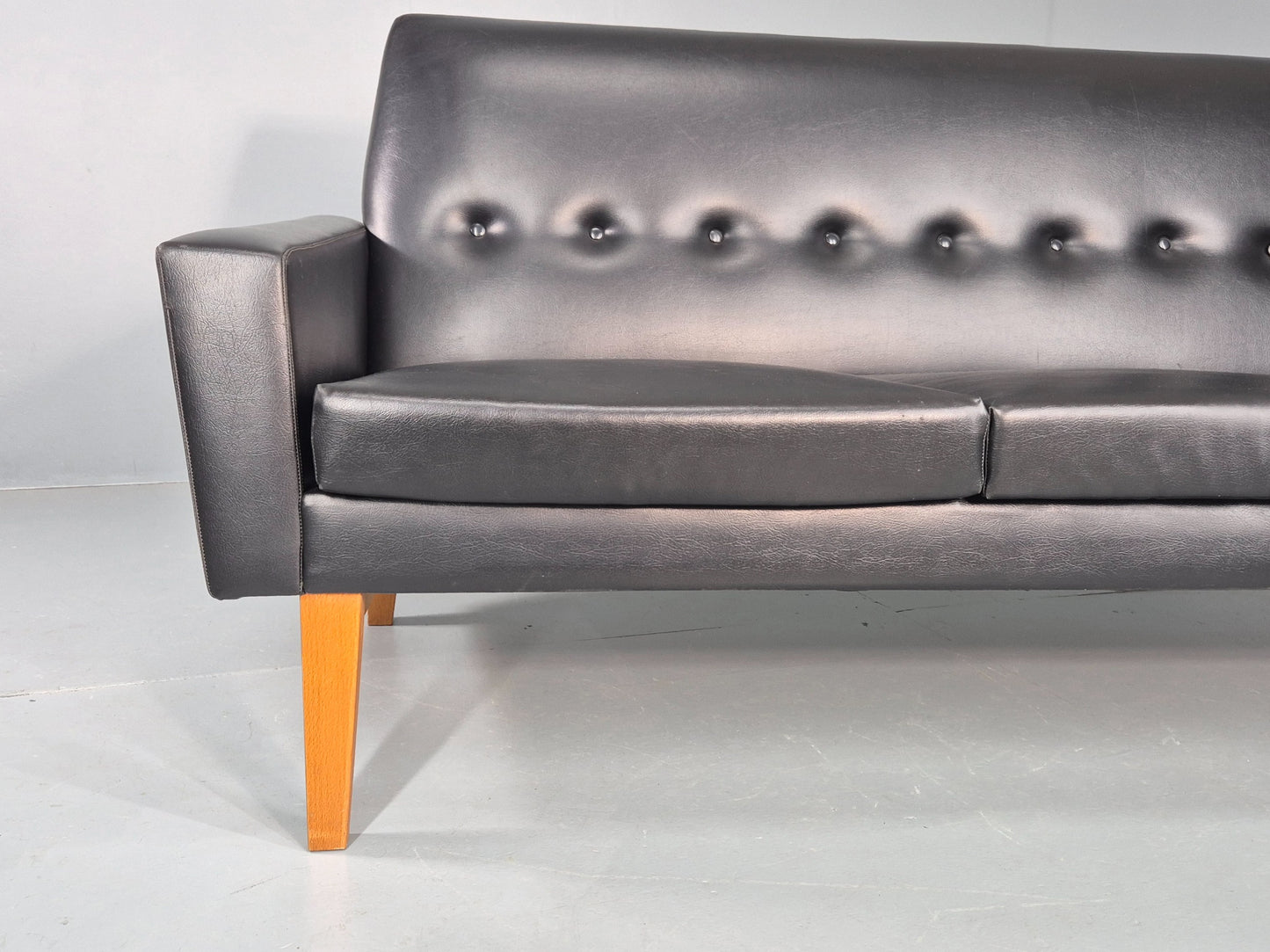 Vintage Three Seat Sofa 1960s Swedish Black Vinyl Upholstery Retro EB11126