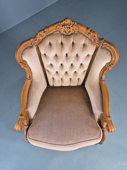 Vintage Danish Rococo Armchair Beech Frame Biege Velour 1970s Retro EB12718