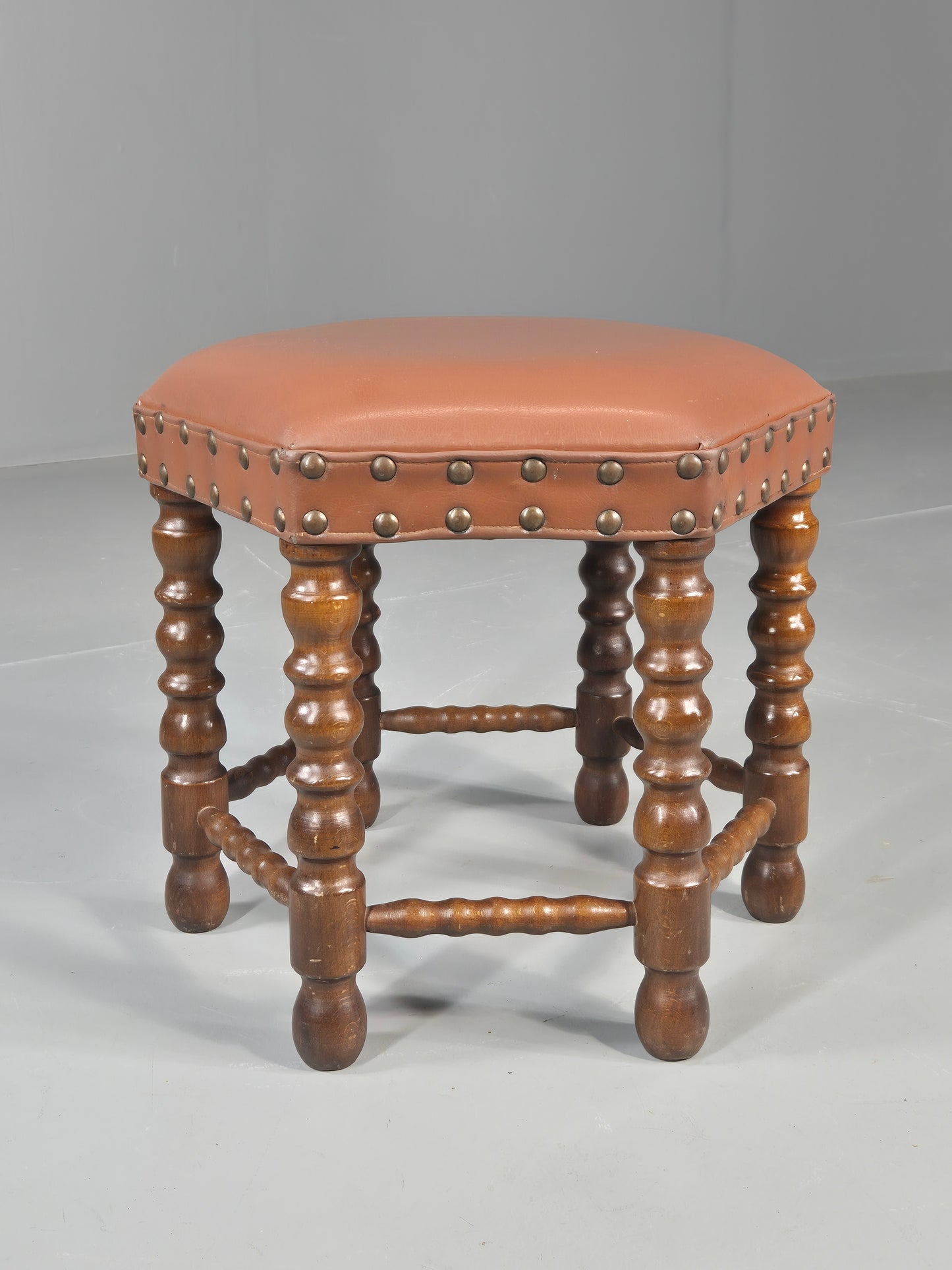 Vintage Stool Brown Vinyl Upholstery Oak Bobbin Turned Frame Hexagonal EB11306