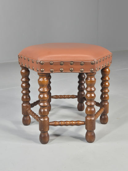 Vintage Stool Brown Vinyl Upholstery Oak Bobbin Turned Frame Hexagonal EB11306