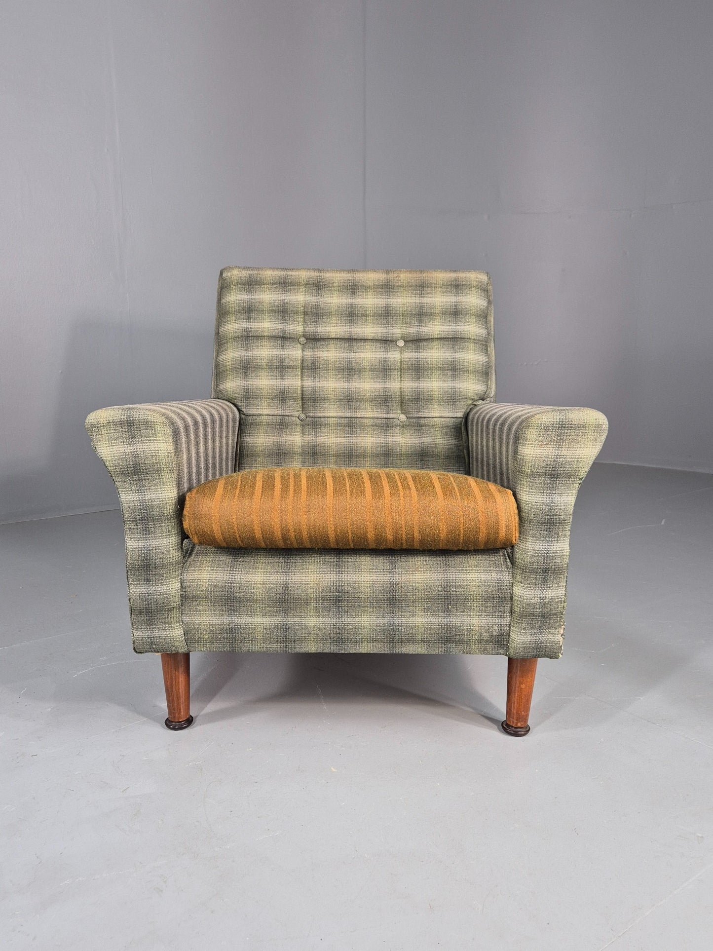Vintage 1960s Retro Lounge Chair Green and Gold Upholstery EB11829