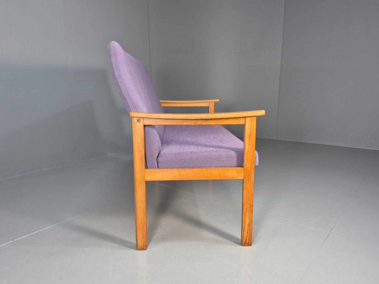 Vintage Danish 2 Seater Bench Sofa Oak Frame Purple Upholstery 1970s MCM EB08693