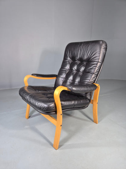 Vintage Danish Faux Leather Lounge Chair Bent Wood Frame 1980s Retro EB13074