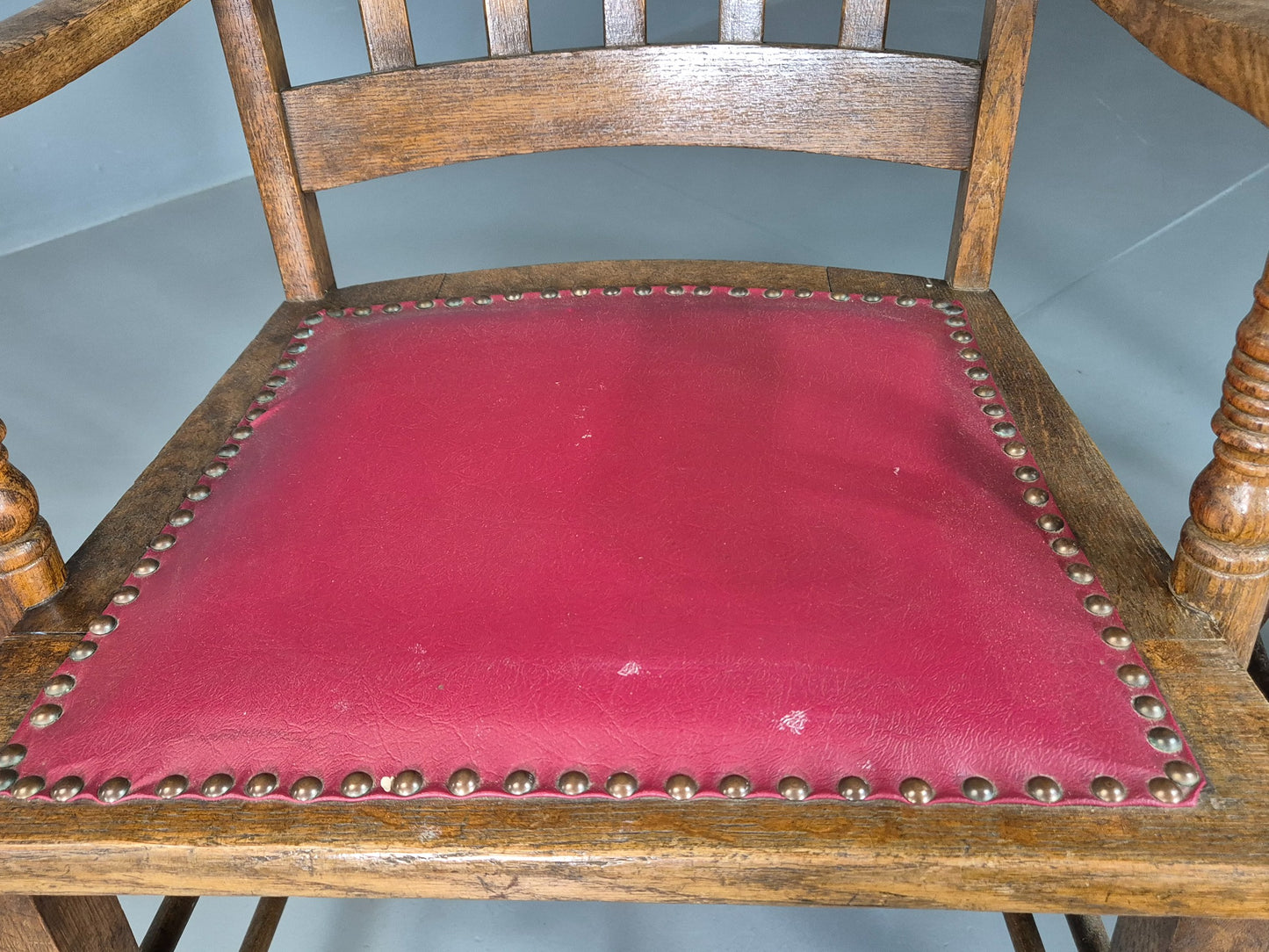 2 Antique Elbow Chairs Danish Oak Frame Red Leather 1900s EB07393