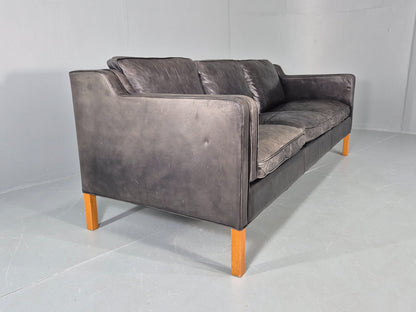 Vintage Stouby 3 Seat Sofa Black Leather 1980s Retro MCM Mogensen Style EB12427
