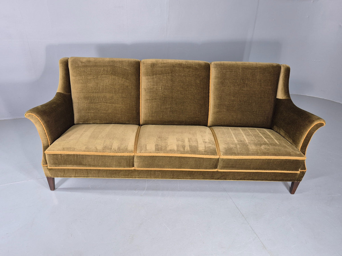 Vintage Mid Century 3 Seater Sofa Green Velour Upholstery Danish Design EB12731