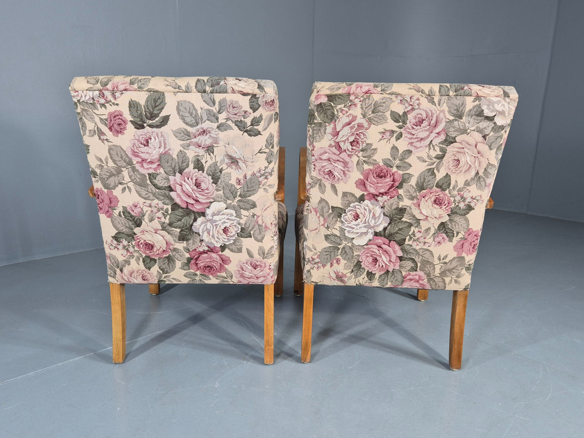 2 Vintage Danish Lounge Chairs 1950s Deco Bentwood Floral Print Retro EB12644