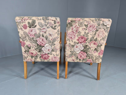 2 Vintage Danish Lounge Chairs 1950s Deco Bentwood Floral Print Retro EB12644
