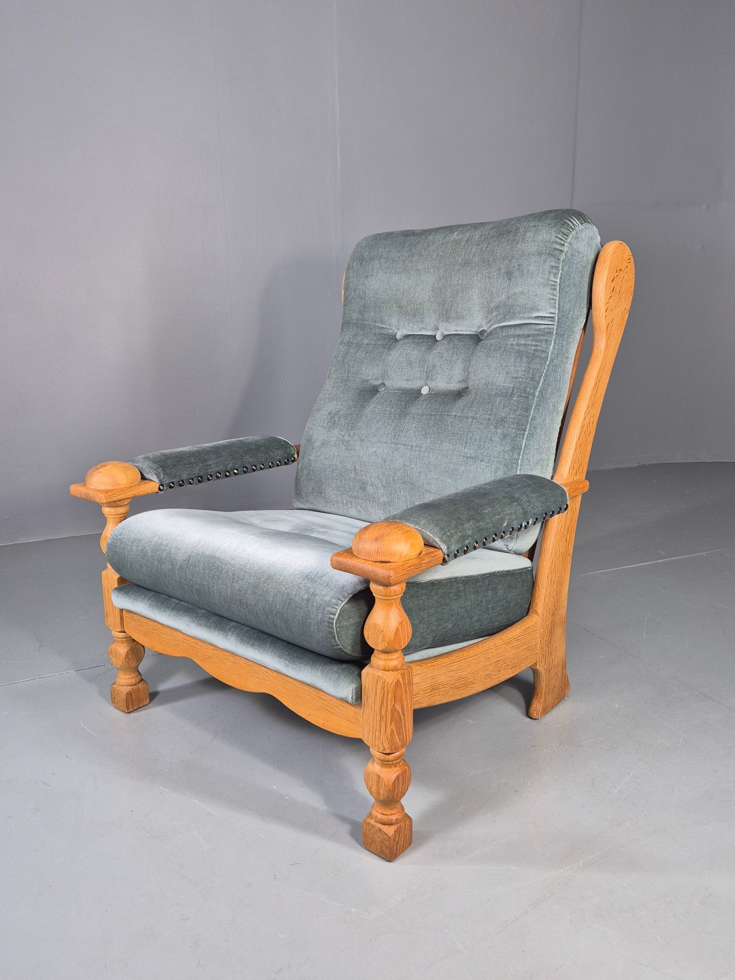 Vintage Danish 1970s Oak Lounge Chair Blue Velour Upholstery Retro EB12709
