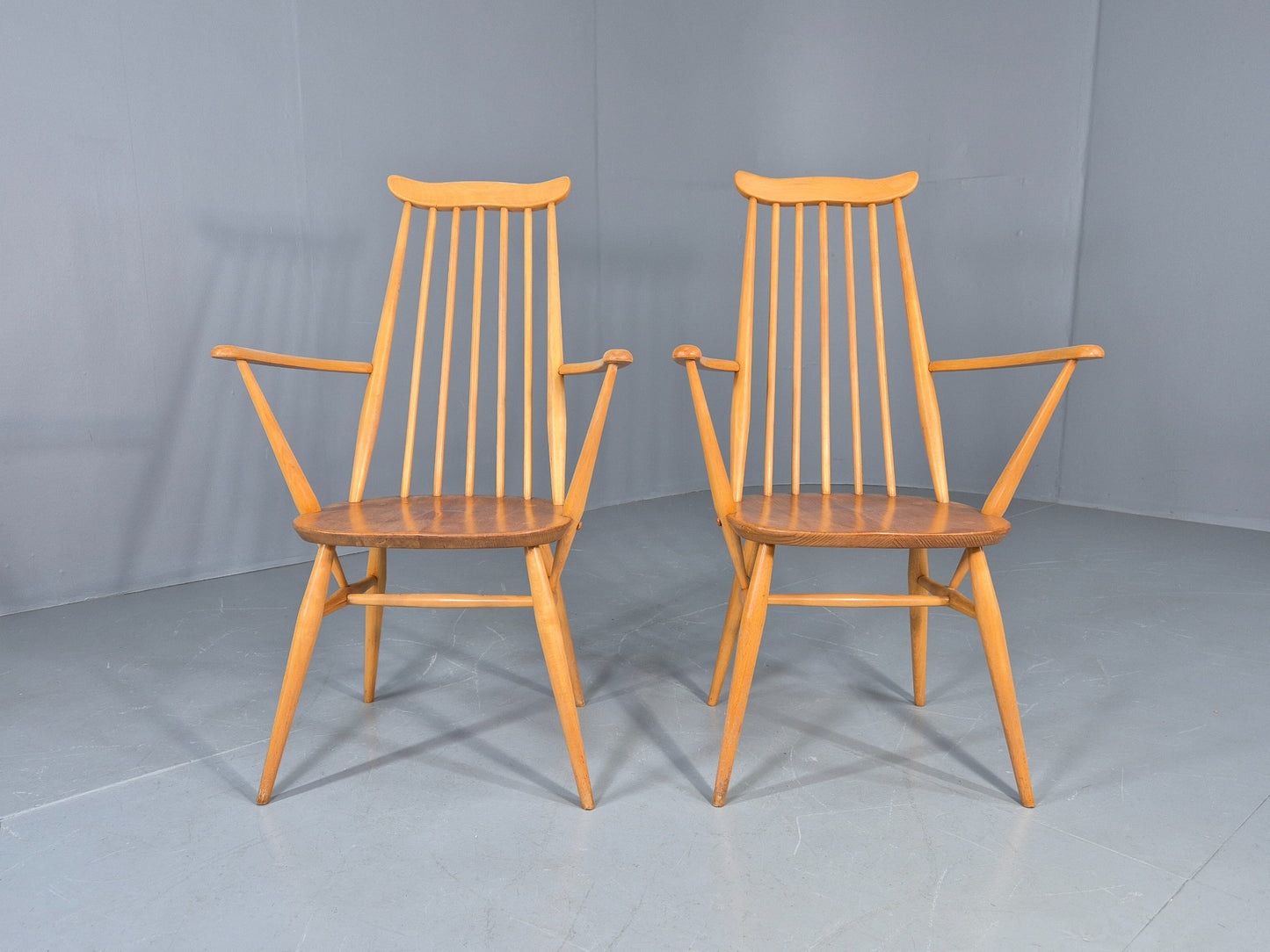 2 Ercol Goldsmith Elbow Chairs Blonde Wood 1960s Retro MCM  EB12544