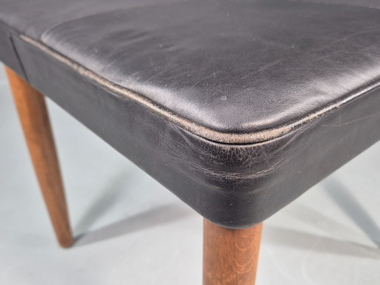 Vintage Mid Century Footstool Danish Black Leather Teak Legs 1960s Retro EB12097