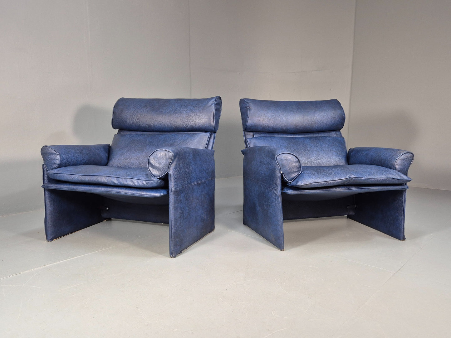 Vintage Saporiti Italian Lounge Chairs Pair Blue Vinyl Retro EB9844