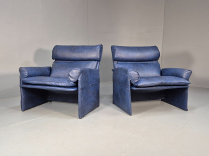 Vintage Saporiti Italian Lounge Chairs Pair Blue Vinyl Retro EB9844