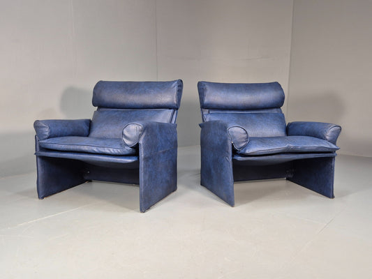 Vintage Saporiti Italian Lounge Chairs Pair Blue Vinyl Retro EB9844