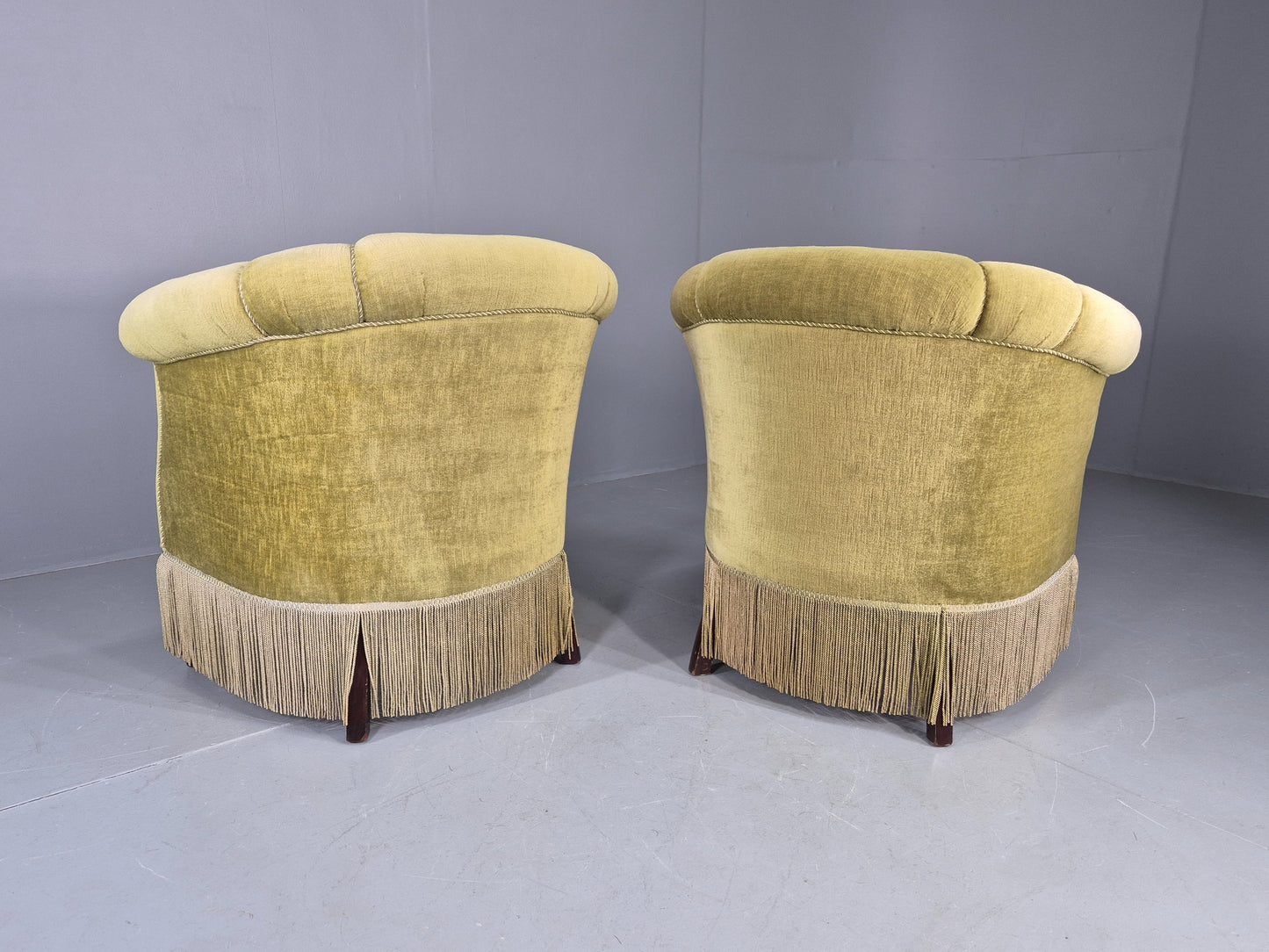 Pair Art Deco Tub Chairs Danish Design 1950s Green Velour Tassels Retro EB12715