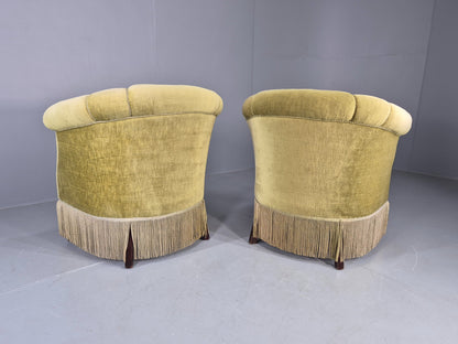 Pair Art Deco Tub Chairs Danish Design 1950s Green Velour Tassels Retro EB12715