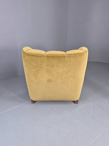 Vintage Danish Art Deco Lounge Chair Carved Oak Frame 1940s Green Floral EB12839