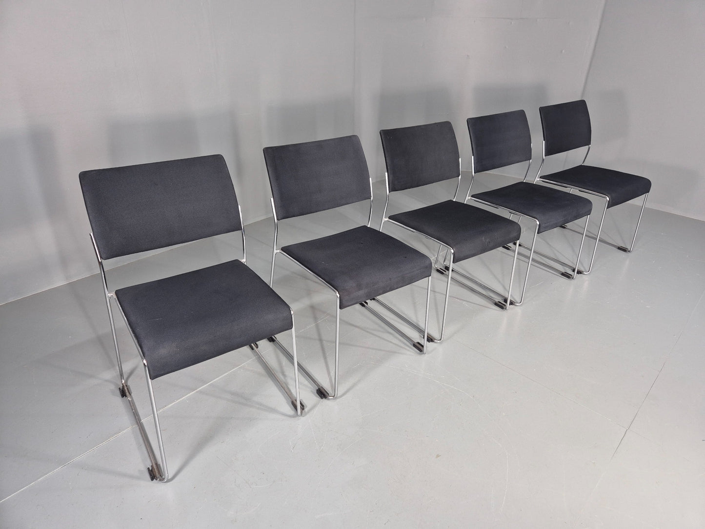 5 Vintage Stacking Chairs Chrome Rod and Black Cloth Brunner Brand EB12003