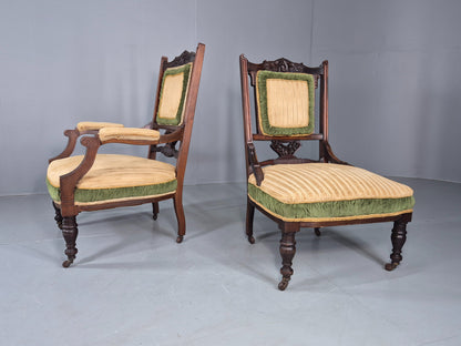 2 Antique Mahogany Saloon Chairs Green and Cream Upholstery Edwardian EB12792