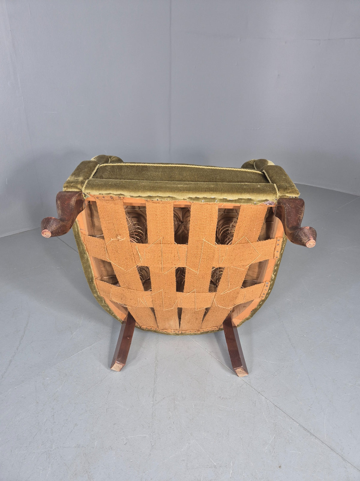 Vintage Danish Art Deco Tub Chair Green Velour Cabriole Legs 1940s EB12717
