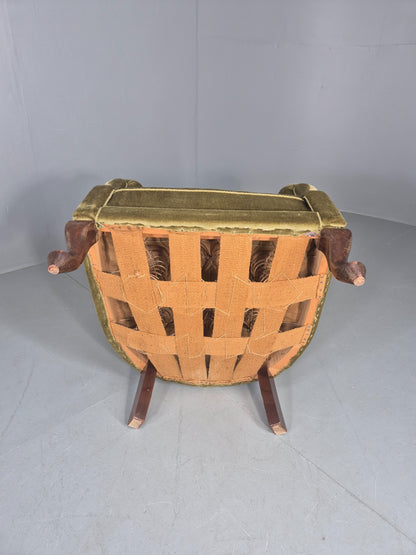 Vintage Danish Art Deco Tub Chair Green Velour Cabriole Legs 1940s EB12717