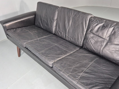 1960s 3-seater sofa Danish Design Black Leather Mid Century Retro Teak  EB10279