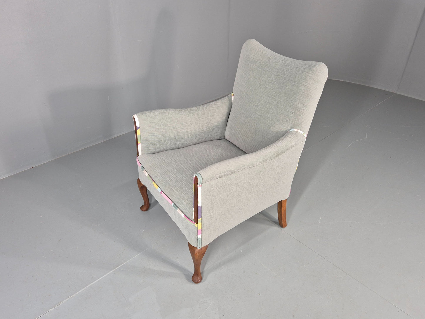 Vintage 1920s Armchair Reupholstered in Grey Green with Colour Accent EB11824