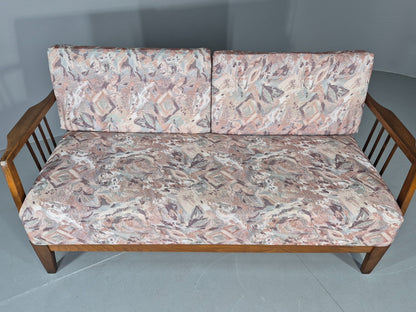 Vintage Danish Two Seat Sofa Bed Beech Frame 1950s Floral Cotton Retro EB12783