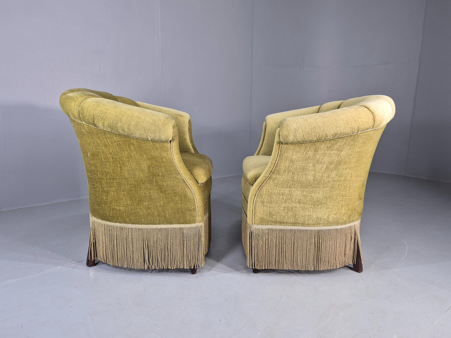 Pair Art Deco Tub Chairs Danish Design 1950s Green Velour Tassels Retro EB12715