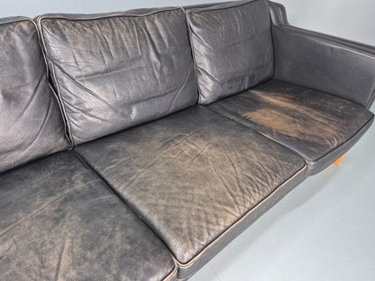 Danish Mid-Century 3-Seater Black Leather Sofa — Vintage Mogensen Style, Solid Wood Frame