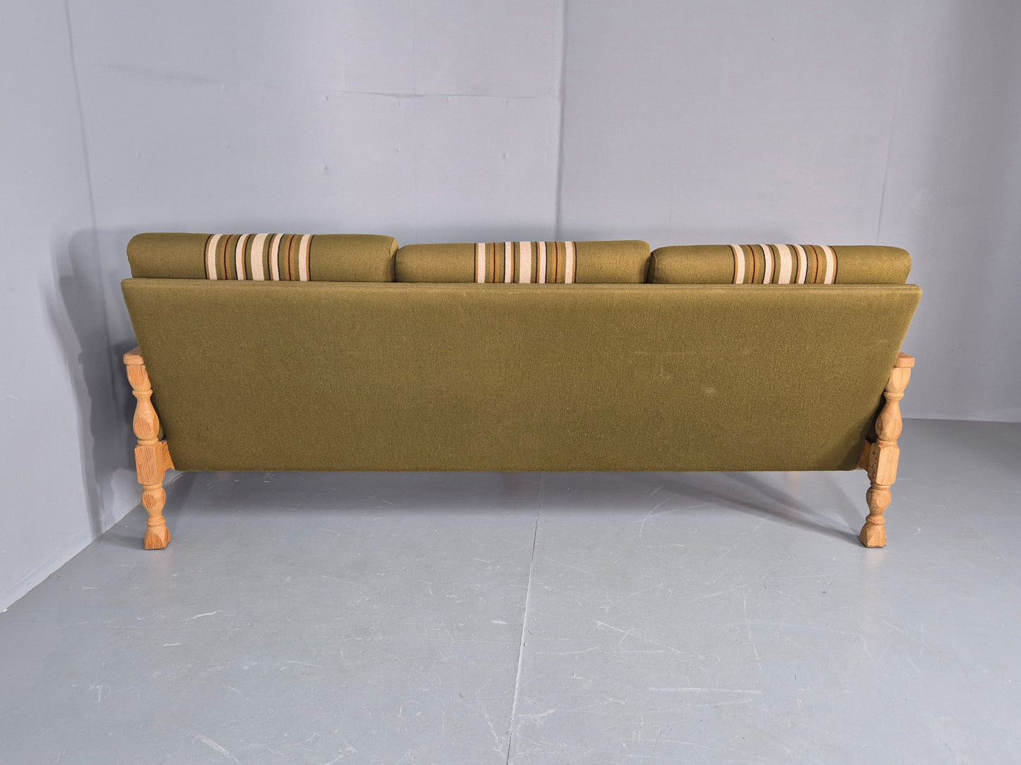 Vintage Danish 3 seater Sofa Oak Kjaenulf Green Cushions 1970s Retro EB12782